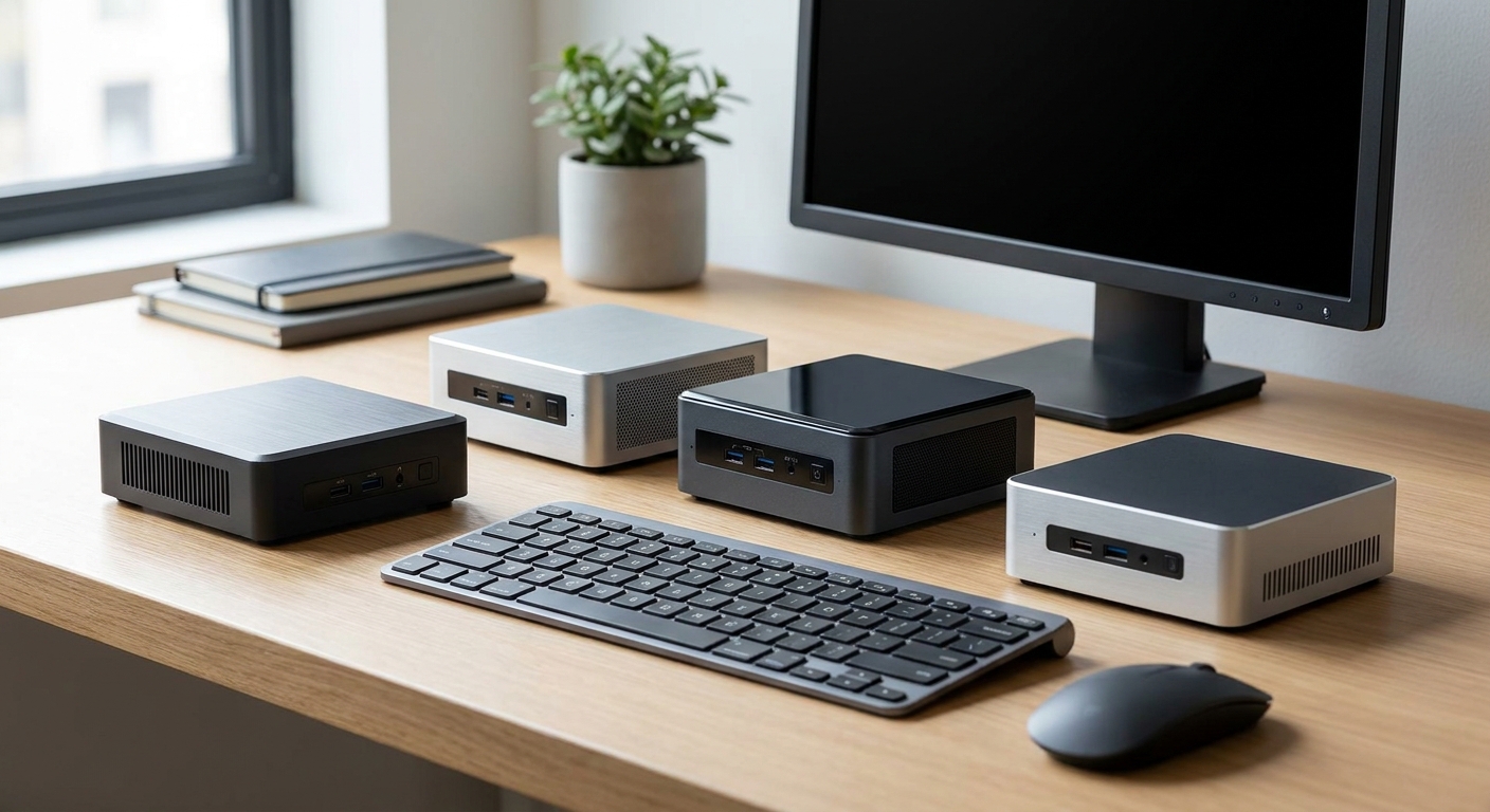 Compact mini PC on a desk representing the best mini PCs 2026 for a small home office setup