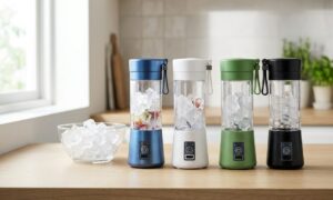 Several of the best portable blenders lined up on a counter crushing ice for smoothies