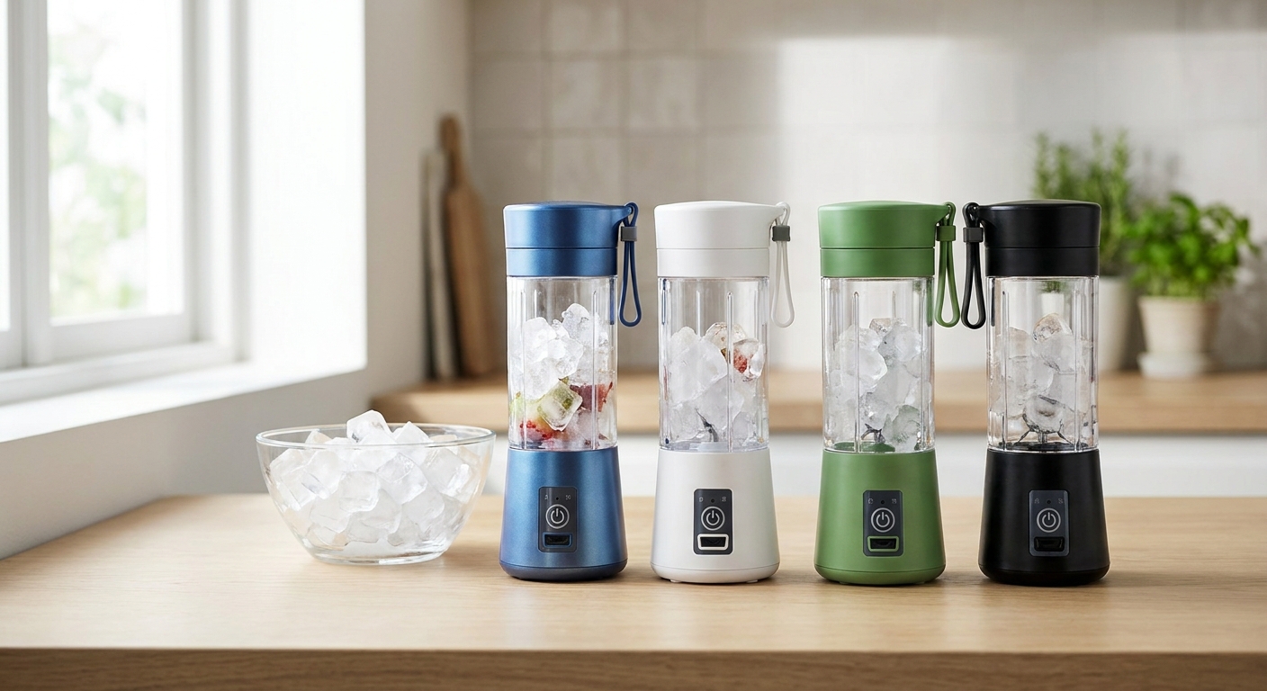 Several of the best portable blenders lined up on a counter crushing ice for smoothies