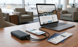 Portable power bank charging a phone and laptop, representing the best portable chargers for travel