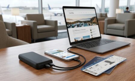 Portable power bank charging a phone and laptop, representing the best portable chargers for travel