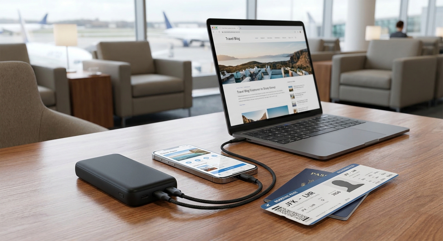 Portable power bank charging a phone and laptop, representing the best portable chargers for travel