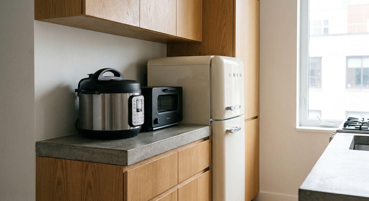 Compact multi-cooker, toaster oven, and mini fridge showing small kitchen appliances for apartments
