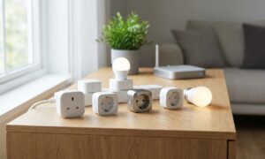 Three of the best smart plugs 2026 models plugged into a wall outlet with an energy monitoring app on a smartphone