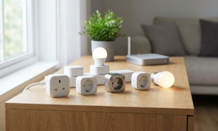 Three of the best smart plugs 2026 models plugged into a wall outlet with an energy monitoring app on a smartphone