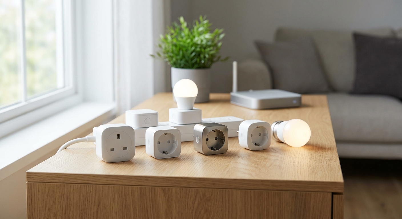Three of the best smart plugs 2026 models plugged into a wall outlet with an energy monitoring app on a smartphone