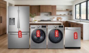 Kitchen showroom display illustrating the best time to buy appliances with discounted refrigerators and washers
