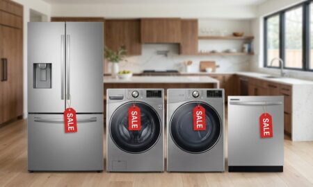 Kitchen showroom display illustrating the best time to buy appliances with discounted refrigerators and washers