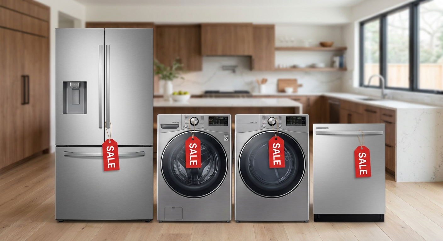 Kitchen showroom display illustrating the best time to buy appliances with discounted refrigerators and washers
