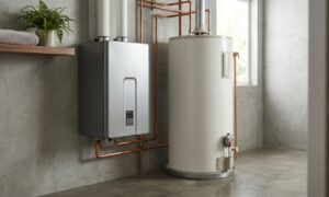 Tankless and traditional tank water heaters compared side by side, showcasing the best water heaters 2026 options