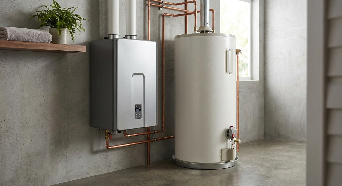 Tankless and traditional tank water heaters compared side by side, showcasing the best water heaters 2026 options