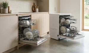 Side-by-side comparison of a built-in vs freestanding dishwasher in a modern kitchen
