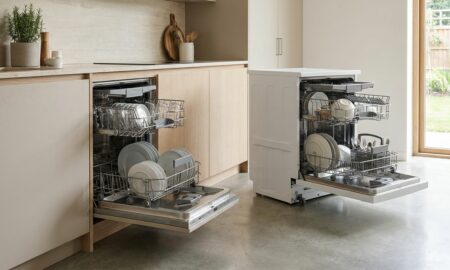 Side-by-side comparison of a built-in vs freestanding dishwasher in a modern kitchen