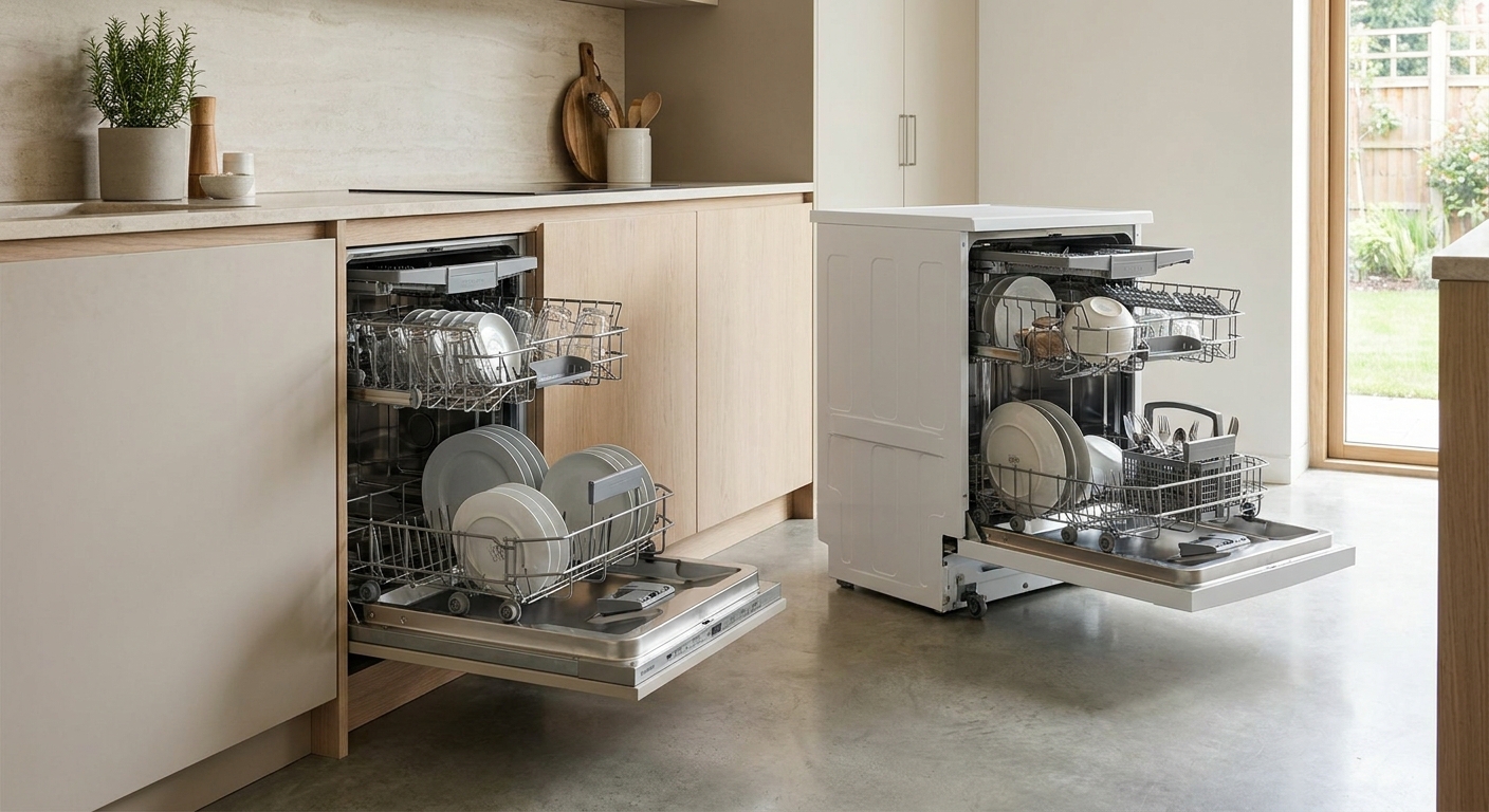 Side-by-side comparison of a built-in vs freestanding dishwasher in a modern kitchen