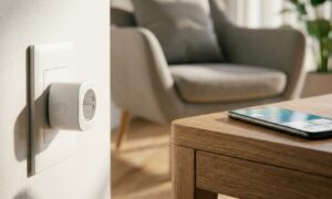 A smart plug plugged into a wall outlet, illustrating how to choose a smart plug for a home automation setup