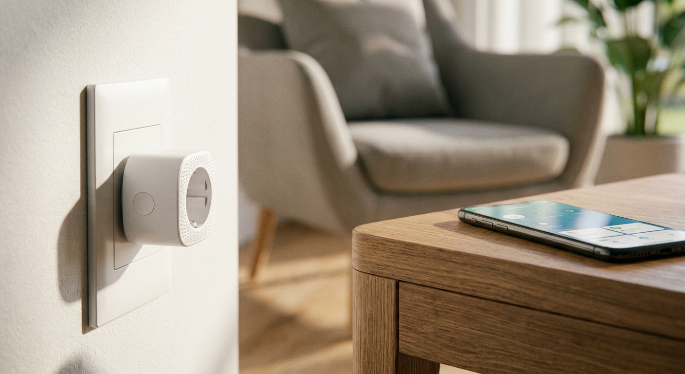 A smart plug plugged into a wall outlet, illustrating how to choose a smart plug for a home automation setup
