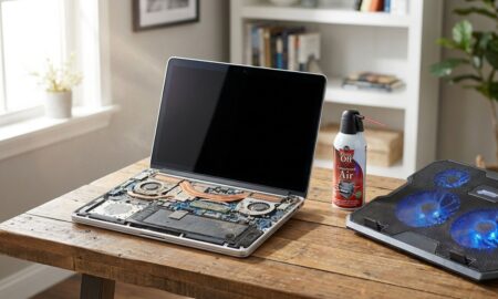 Laptop cooling fan and heatsink exposed during a laptop overheating fixes cleaning session