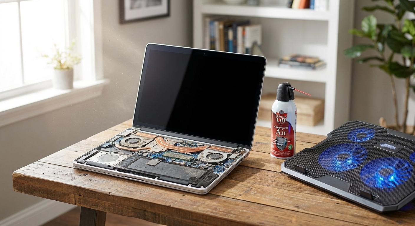 Laptop cooling fan and heatsink exposed during a laptop overheating fixes cleaning session