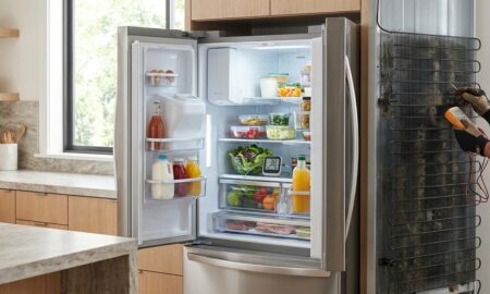 Technician checking condenser coils on a refrigerator not cooling properly in a home kitchen