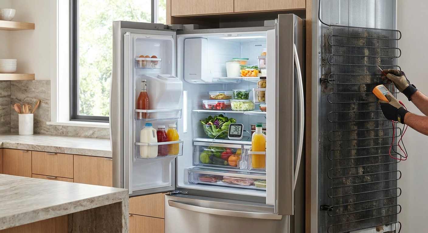 Technician checking condenser coils on a refrigerator not cooling properly in a home kitchen