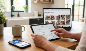 Parent adjusting settings for secure family photo sharing on a smartphone and laptop at home