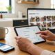 Parent adjusting settings for secure family photo sharing on a smartphone and laptop at home
