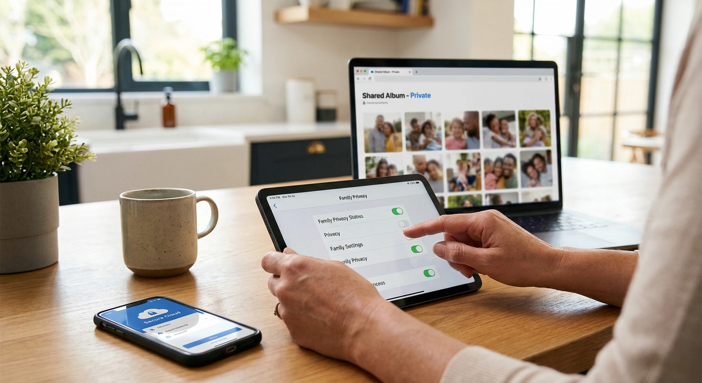 Parent adjusting settings for secure family photo sharing on a smartphone and laptop at home