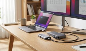 USB-C hub vs docking station compared side by side on a desk with a laptop and monitors