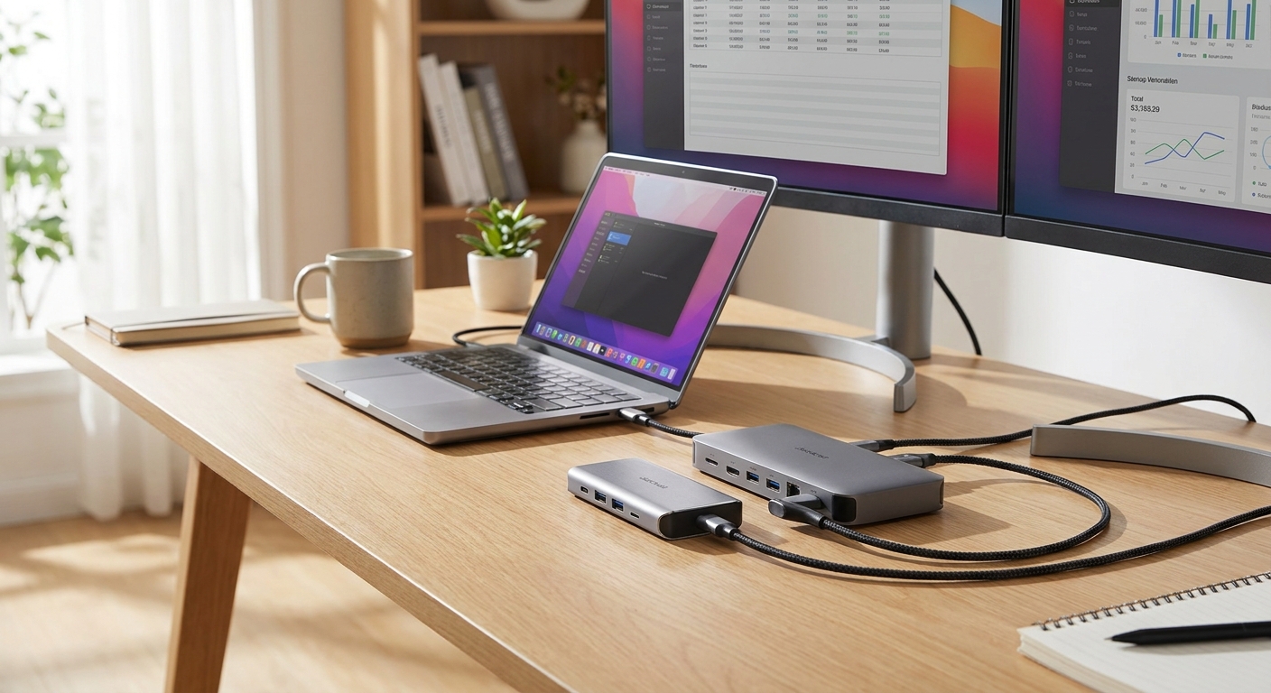 USB-C hub vs docking station compared side by side on a desk with a laptop and monitors