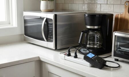 Plug-in power meter measuring appliance energy vampire standby drain on a kitchen counter