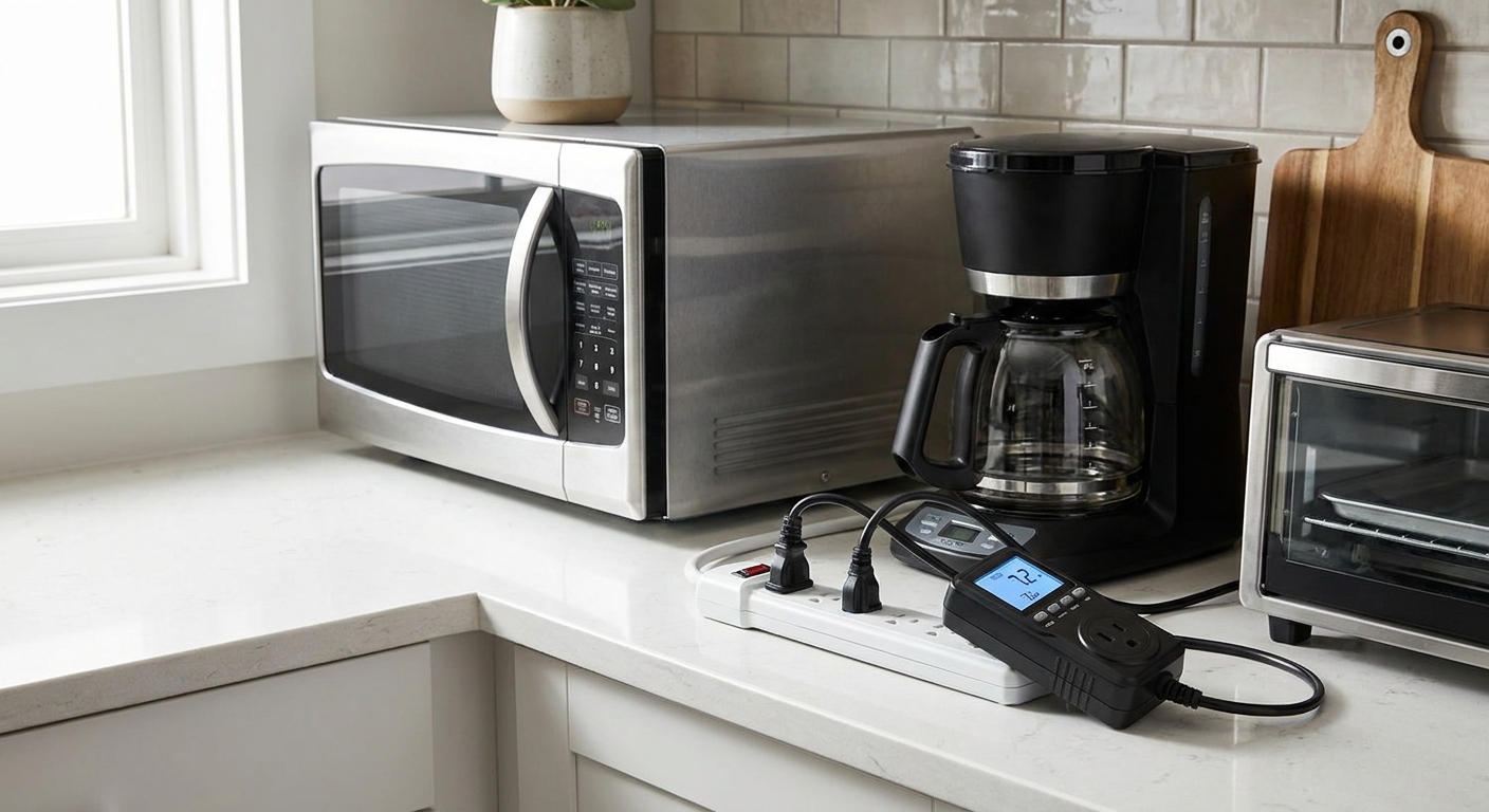 Plug-in power meter measuring appliance energy vampire standby drain on a kitchen counter