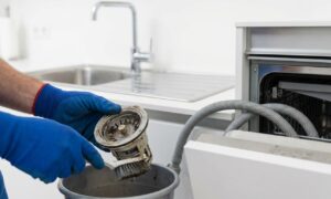 Hands cleaning a clogged dishwasher filter to fix an appliance not draining water
