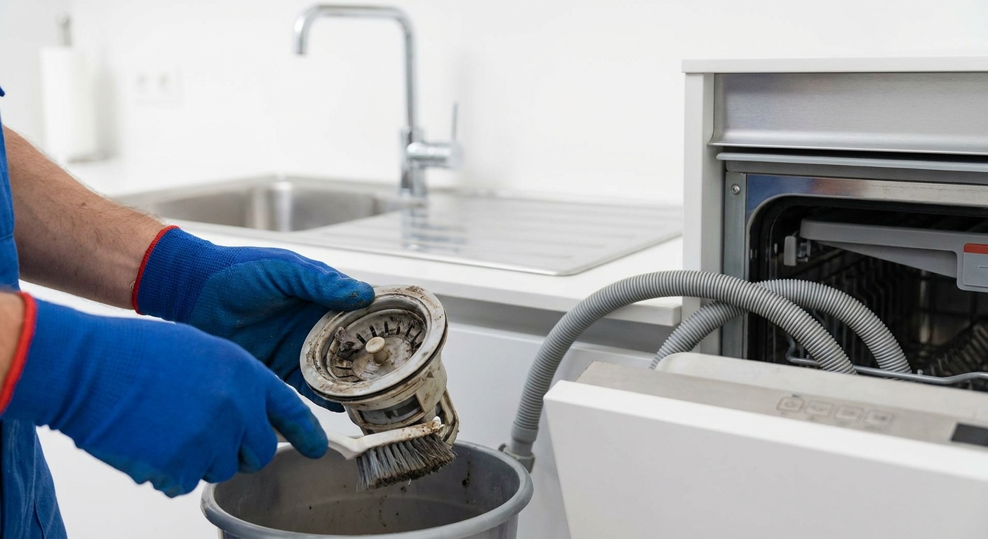 Hands cleaning a clogged dishwasher filter to fix an appliance not draining water