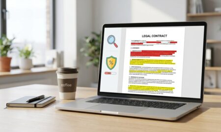 Laptop screen showing AI contract review tools highlighting risky clauses in a business agreement