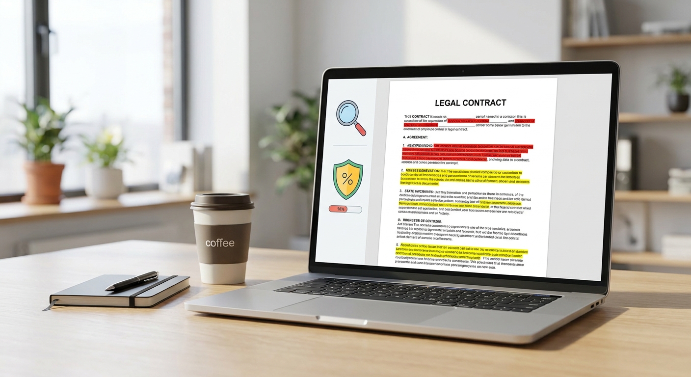 Laptop screen showing AI contract review tools highlighting risky clauses in a business agreement