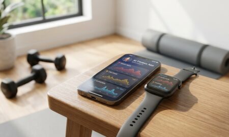 Smartphone running one of the best AI fitness coaching apps next to a smartwatch in a home gym