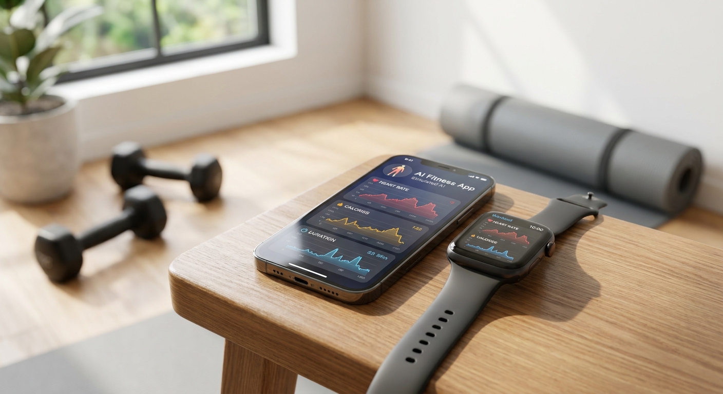Smartphone running one of the best AI fitness coaching apps next to a smartwatch in a home gym