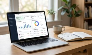 Laptop showing AI job search tools dashboard with job matches and application tracking