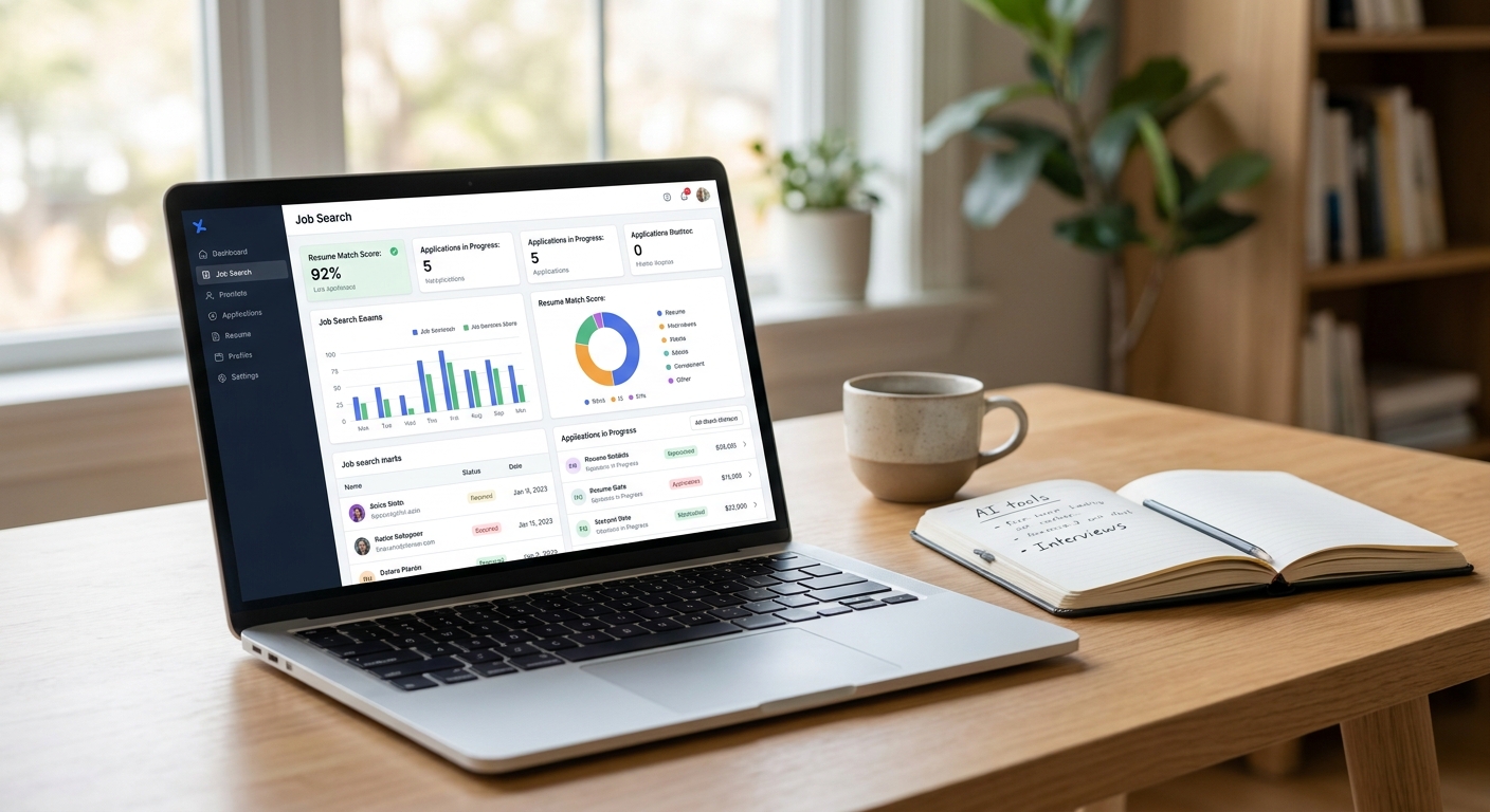 Laptop showing AI job search tools dashboard with job matches and application tracking