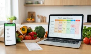 Smartphone and laptop showing AI meal planning apps with grocery list and weekly menu on a kitchen counter