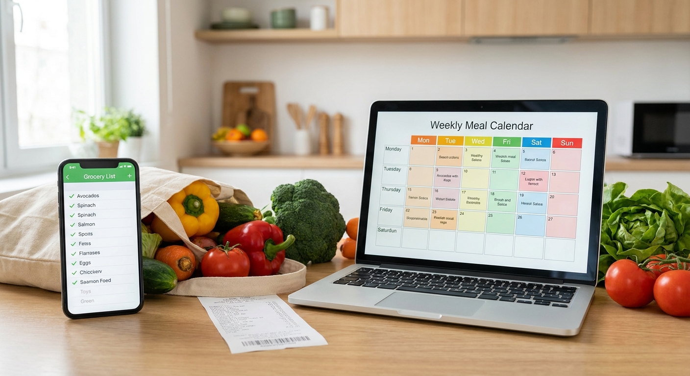 Smartphone and laptop showing AI meal planning apps with grocery list and weekly menu on a kitchen counter