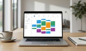 Laptop screen displaying one of several AI scheduling assistants organizing meetings across time zones