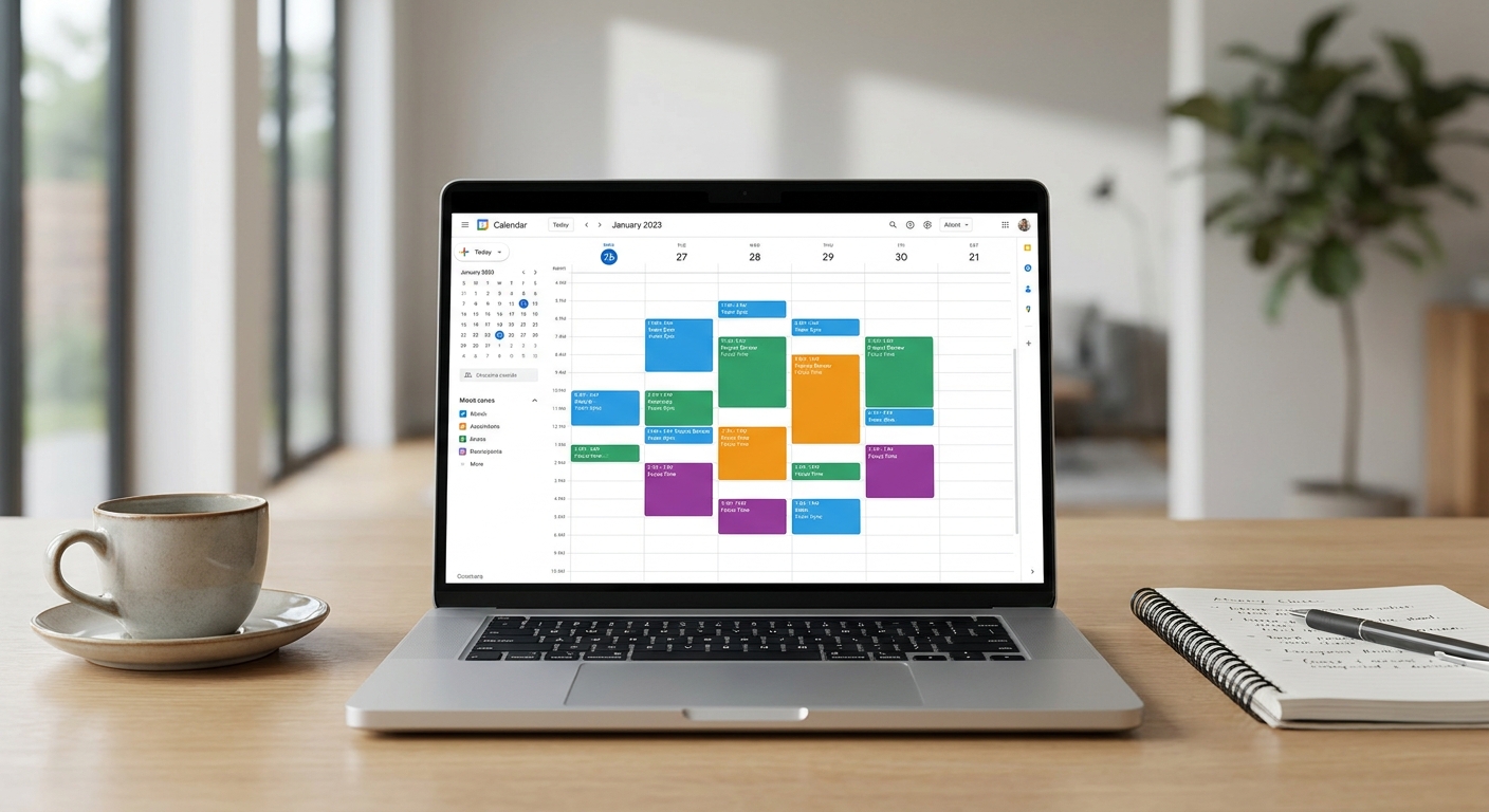 Laptop screen displaying one of several AI scheduling assistants organizing meetings across time zones