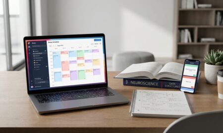 Student using AI study planners on a laptop and phone to organize an exam schedule