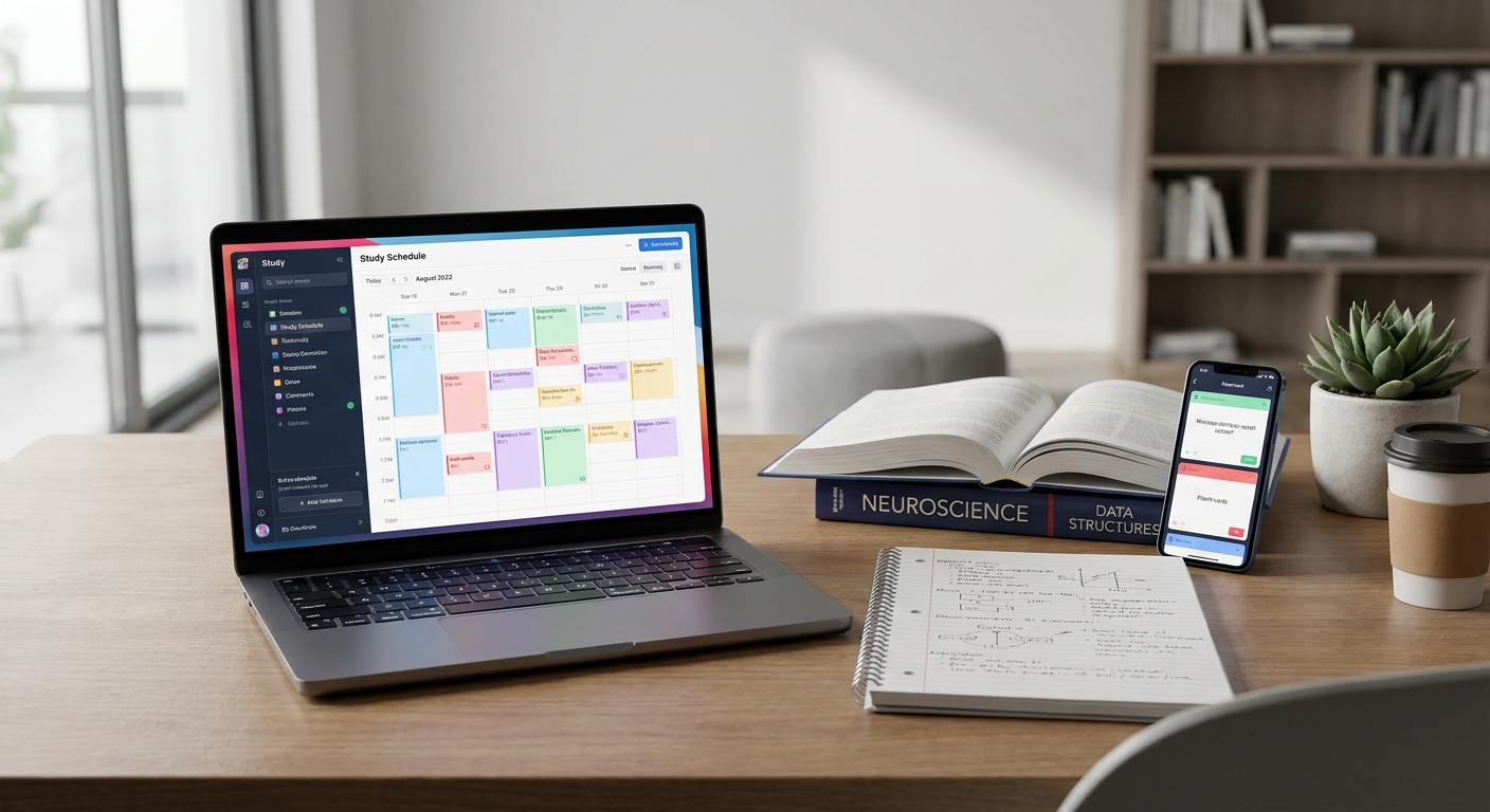 Student using AI study planners on a laptop and phone to organize an exam schedule