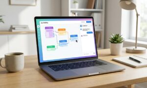 Laptop screen displaying a no-code app builder interface, representing AI tools for non-coders