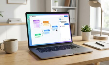 Laptop screen displaying a no-code app builder interface, representing AI tools for non-coders