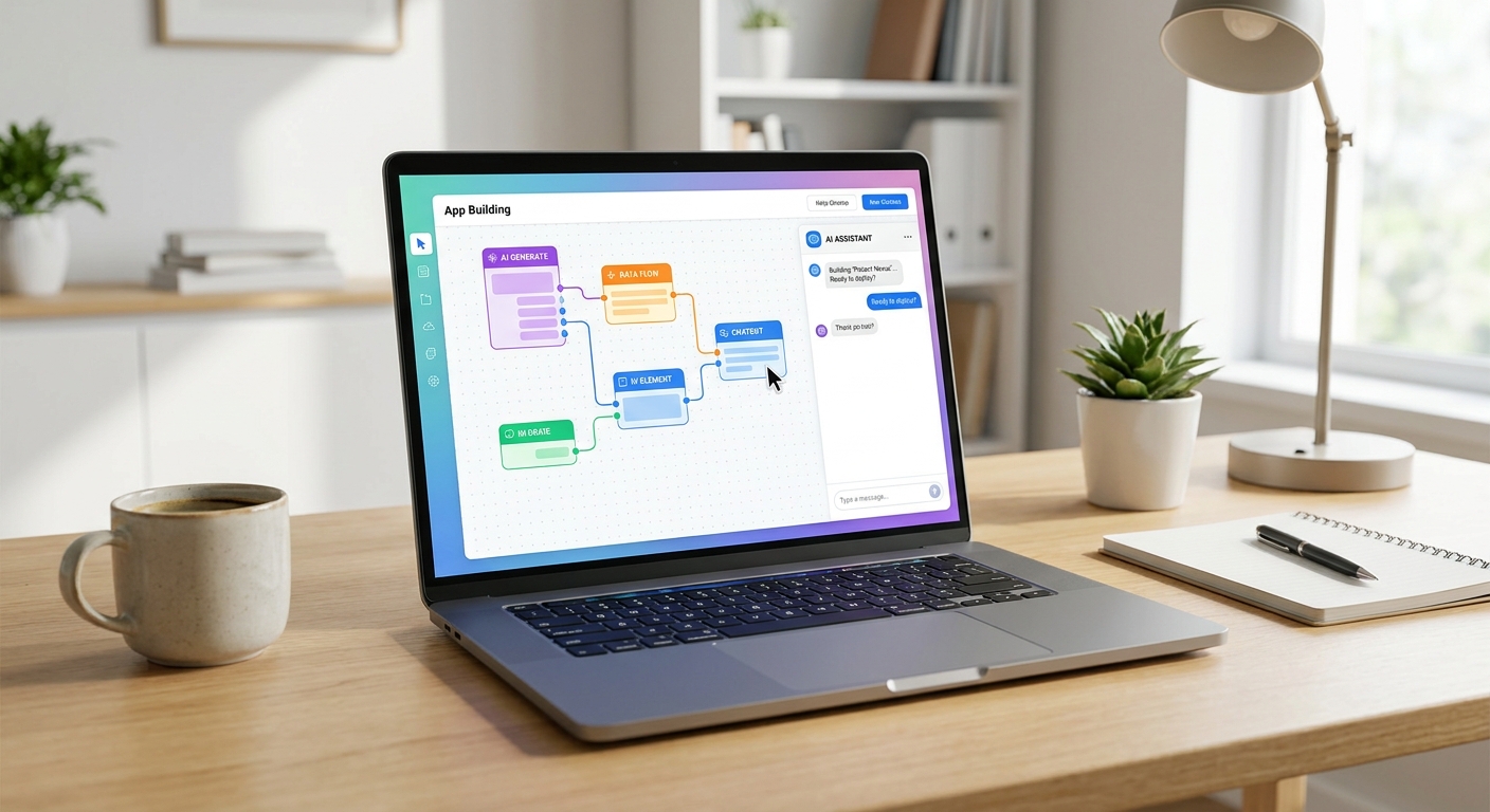 Laptop screen displaying a no-code app builder interface, representing AI tools for non-coders