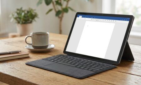 Tablet attached to a detachable folio keyboard, an example of the best keyboard for tablets on a desk