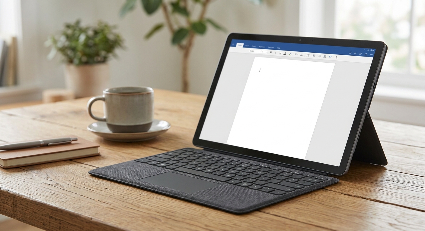 Tablet attached to a detachable folio keyboard, an example of the best keyboard for tablets on a desk